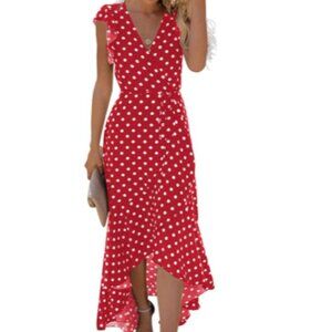 GRECERELLE Women’s V-Neck Wrap Maxi Dress 2XL Red & White Polka Dot Boho NWT